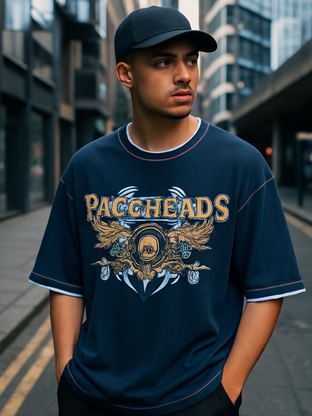 Paco Jeans Mens Y2K Graphic T-Shirt Navy Blue Skull Wing Tribal 90's XL Vintage‎
